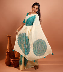 Cream Printed Synthetic Linen Saree With Floral Motifs-SY0494