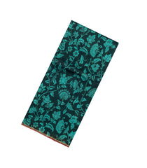 Black Handloom Linen Saree With Printed Turquoise Floral Motifs-LI0784