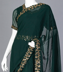 Bottle Green Ready to Wear Chiffon Saree With Embroidery Border & Blouse