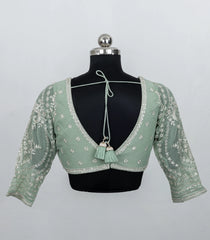 Mint Green Embroidered Blended Raw Silk Readymade Blouse RB5200