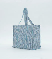 Light Blue Bagru Printed Handmade Cotton Quilted Tote Bag-ACS1027