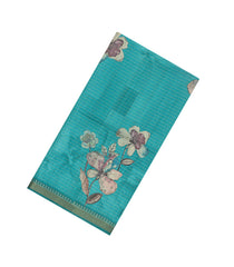 Cyan Printed Synthetic Tussar Saree With Stripes-BL5379