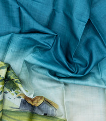 Cyan Woven Tussar Silk Saree With Printed Landscape Motifs-TU3226