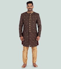 Brown Embroidered Sherwani Set-Brown