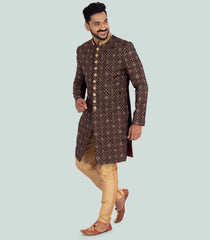 Brown Embroidered Sherwani Set-Brown