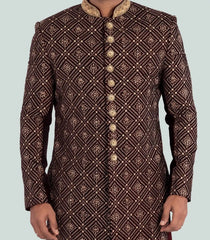 Brown Embroidered Sherwani Set-Brown