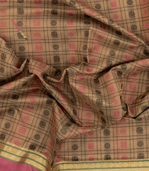 Beige Handloom Silk Cotton Saree With Checks-SC4229