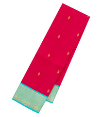 Crimson Handloom Kanchipuram Silk Saree With Zari Buttas & Turquoise Border-KA14207