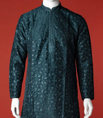 Teal Floral Embroidered Kurta With White Straight Fit Pants-Teal-40