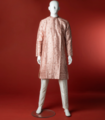 Peach Floral Embroidered Kurta With White Straight Fit Pants-Peach