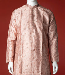 Peach Floral Embroidered Kurta With White Straight Fit Pants-Peach