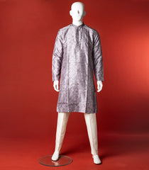 Grey Floral Embroidered Kurta With White Straight Fit Pants-Grey