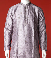 Grey Floral Embroidered Kurta With White Straight Fit Pants-Grey