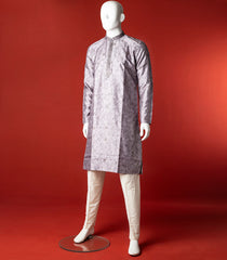 Grey Floral Embroidered Kurta With White Straight Fit Pants-Grey