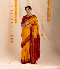 Orange Handloom Kanchipuram Korvai Silk Saree With Crimson Border-Orange