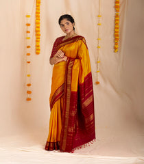 Orange Handloom Kanchipuram Korvai Silk Saree With Crimson Border-Orange