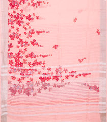 Bubblegum Pink Handloom Linen Saree With Printed Red Floral Motifs