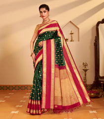 Dark Green Handloom Korvai Kanchipuram Silk Saree With Zari Checks & Buttas-KA15357