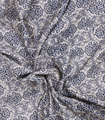 Navy Blue Printed Chanderi Cotton Saree With Contrast Zari Border-CC1675