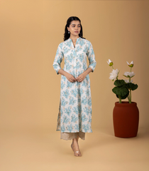 Off-White and Teal Blue Printed Casual Kurta-KR0853