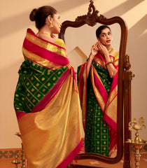 Dark Green Handloom Korvai Kanchipuram Silk Saree With Zari Checks & Buttas-KA15357