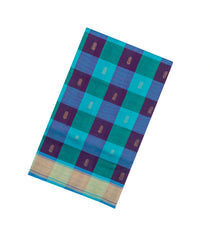 Cyan & Blue Handloom Silk Cotton Saree With Checks & Zari Buttas-SC4612