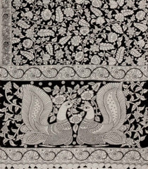 Black Woven Kalamkari Cotton Saree With Taupe Printed Motifs-KAL1161