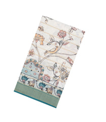 Cream Printed Synthetic Dupion Saree With Zari Stripes & Cyan Border-SY0238