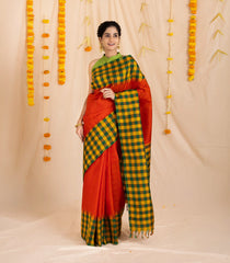 Red Handloom Kanchipuram Silk Saree With Buttas & Checked Border-KA13430