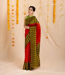 Red Handloom Kanchipuram Silk Saree With Buttas & Checked Border-KA13430