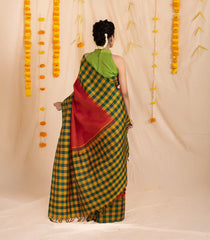 Red Handloom Kanchipuram Silk Saree With Buttas & Checked Border-KA13430