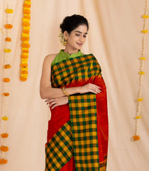 Red Handloom Kanchipuram Silk Saree With Buttas & Checked Border-KA13430