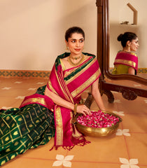 Dark Green Handloom Korvai Kanchipuram Silk Saree With Zari Checks & Buttas-KA15357