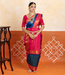 Blue Handloom Korvai Kanchipuram 9 Yards Silk Saree With Veldhari Stripes-KA15329