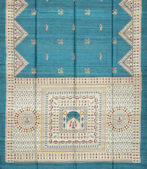 Cyan Handloom Tussar Silk Saree With Printed Tribal Motifs-TU2612