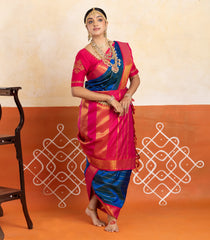 Blue Handloom Korvai Kanchipuram 9 Yards Silk Saree With Veldhari Stripes-KA15329
