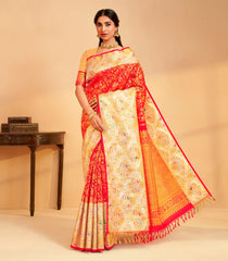 Orange Handloom Korvai Kanchipuram Silk Saree With Floral Motifs & Meena Border-KA13462