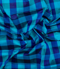 Cyan & Blue Handloom Silk Cotton Saree With Checks & Contrast Border-SC4457