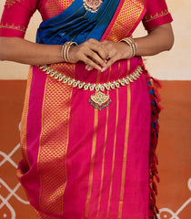Blue Handloom Korvai Kanchipuram 9 Yards Silk Saree With Veldhari Stripes-KA15329