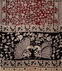 Maroon Woven Kalamkari Kota Cotton Saree With Printed Peacock Motifs