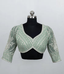 Mint Green Embroidered Blended Raw Silk Readymade Blouse RB5200