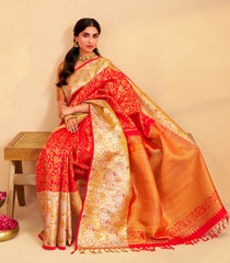 Orange Handloom Korvai Kanchipuram Silk Saree With Floral Motifs & Meena Border-KA13462