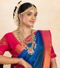 Blue Handloom Korvai Kanchipuram 9 Yards Silk Saree With Veldhari Stripes-KA15329