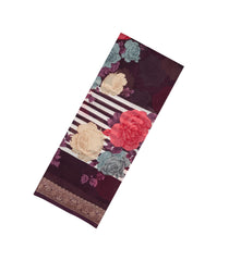 Dark Brown Printed Chanderi Cotton Saree With Zari Border-CC1692