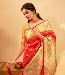 Orange Handloom Korvai Kanchipuram Silk Saree With Floral Motifs & Meena Border-KA13462