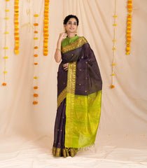 Violet Handloom Silk Cotton Saree With Buttas & Contrast Border-SC3875