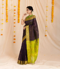Violet Handloom Silk Cotton Saree With Buttas & Contrast Border-SC3875