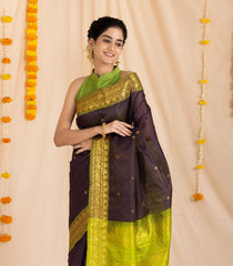 Violet Handloom Silk Cotton Saree With Buttas & Contrast Border-SC3875