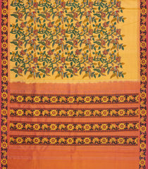 Sandal Woven Hand painted Silk Saree With Peacock & Floral Vine Motifs-KA13343