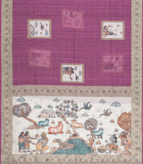 Lilac Printed Art Linen Saree With Zari Checks-BL6076